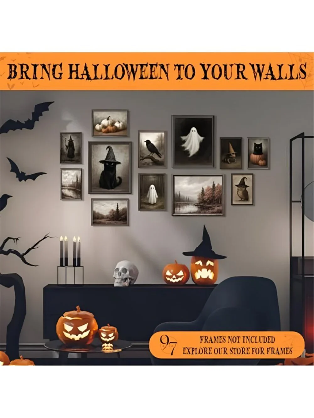 Vintage Halloween Wall Art, Ghost and Witchy Posters, Unframed